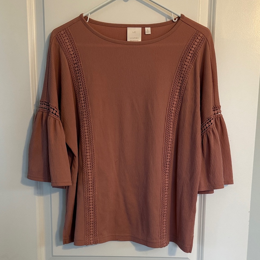 LC Lauren Conrad Dusty Rose Crochet-Trim Bell Sleeve Blouse
